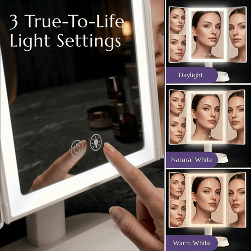 Espejo de maquillaje LED plegable en tres partes
