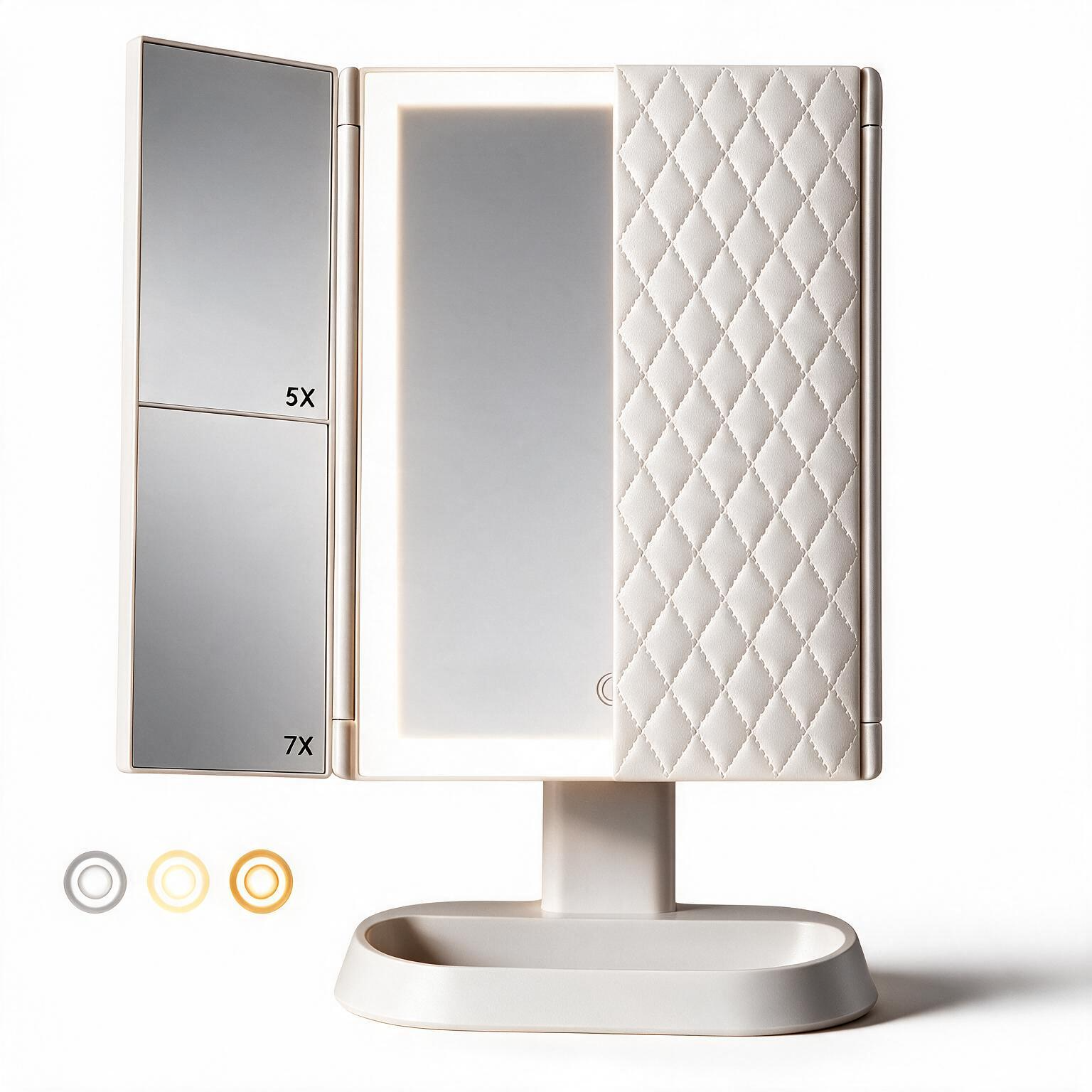 Espejo de maquillaje LED plegable en tres partes