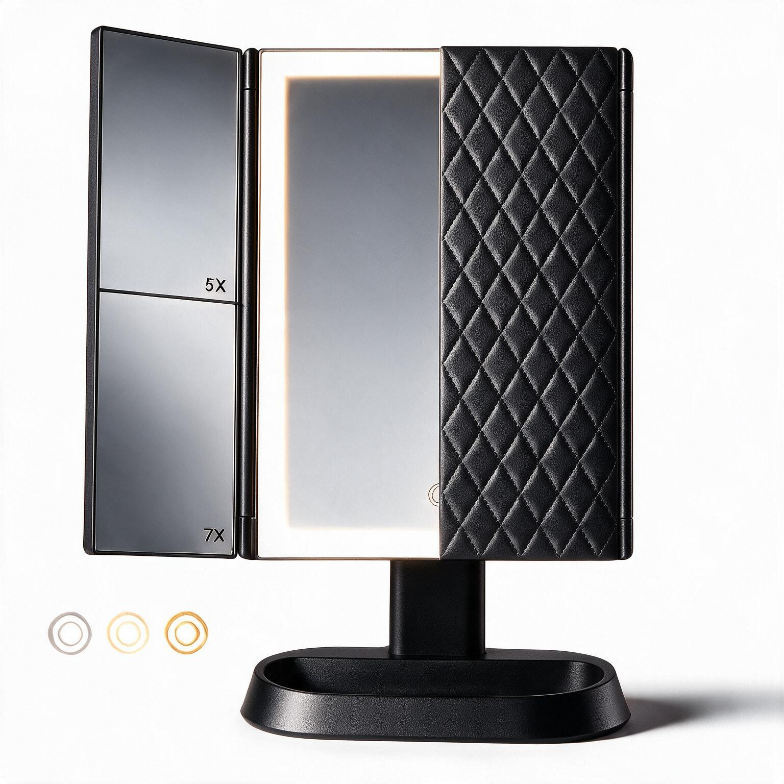 Espejo de maquillaje LED plegable en tres partes