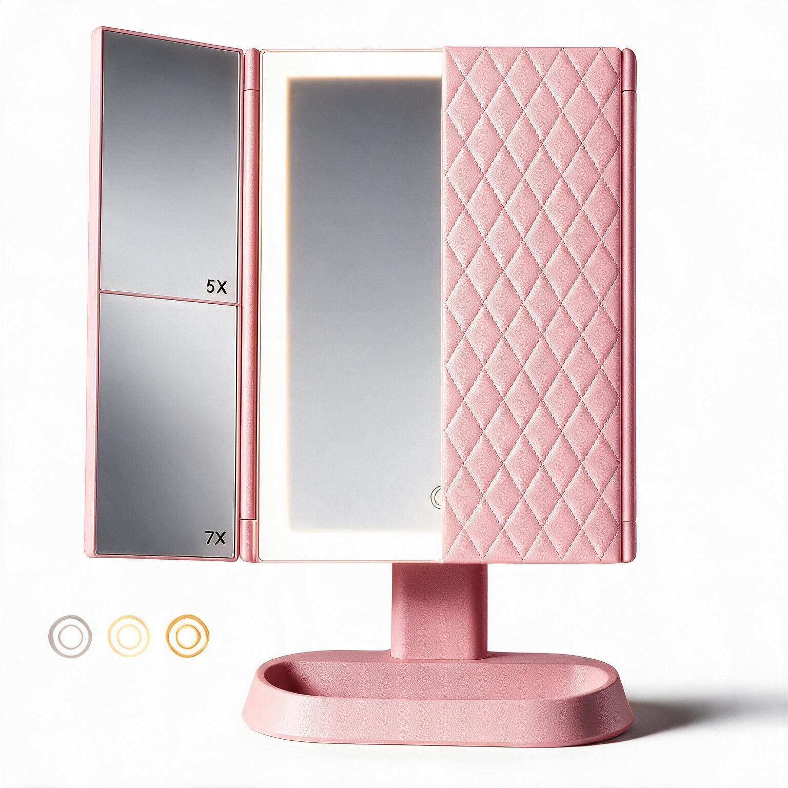 Espejo de maquillaje LED plegable en tres partes